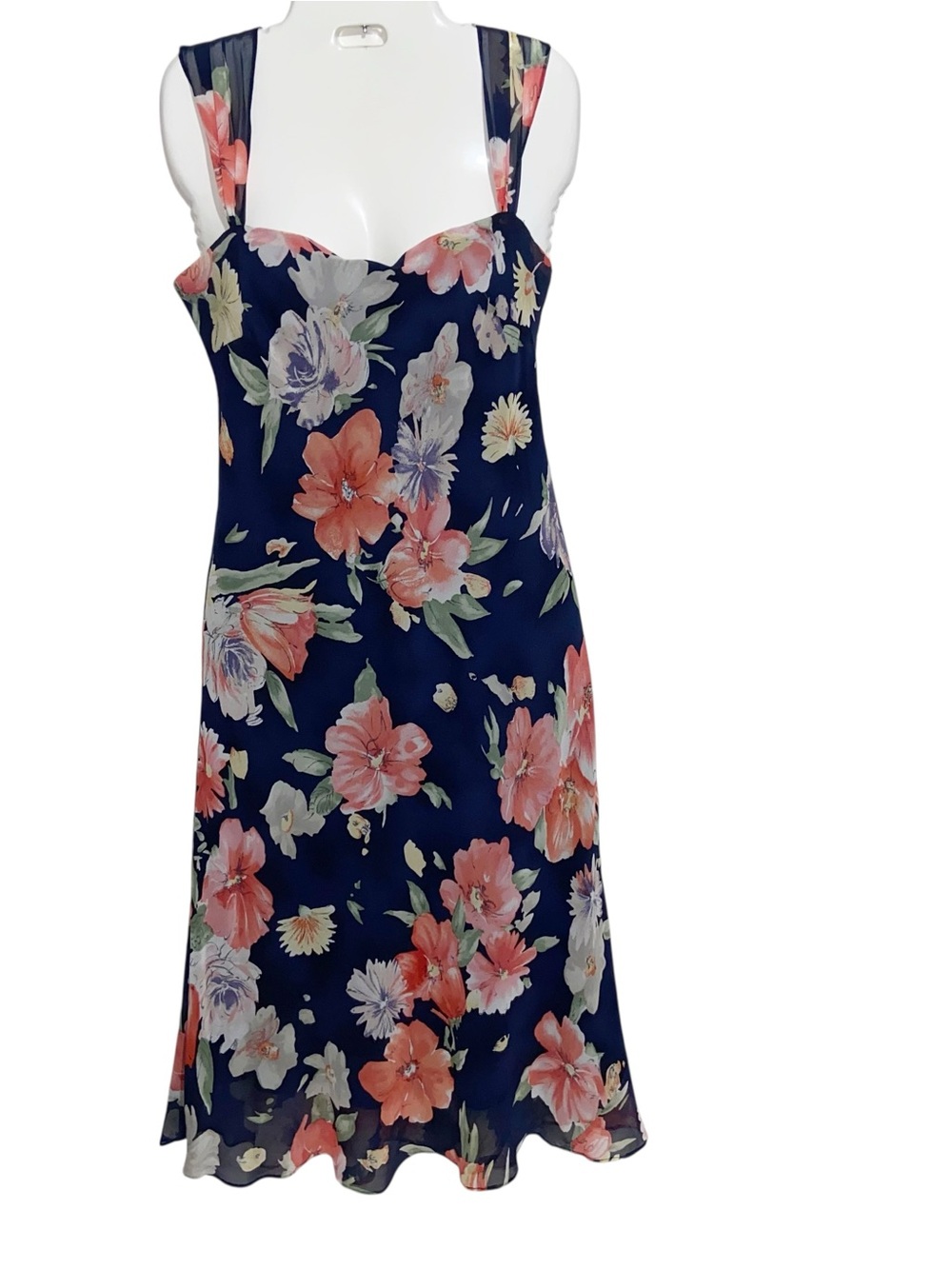 Vintage Lauren Ralph Lauren Dress Womens Sz 8 Navy Floral 100% Silk Bias Coastal